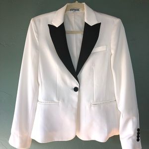 White blazer with black collar detail